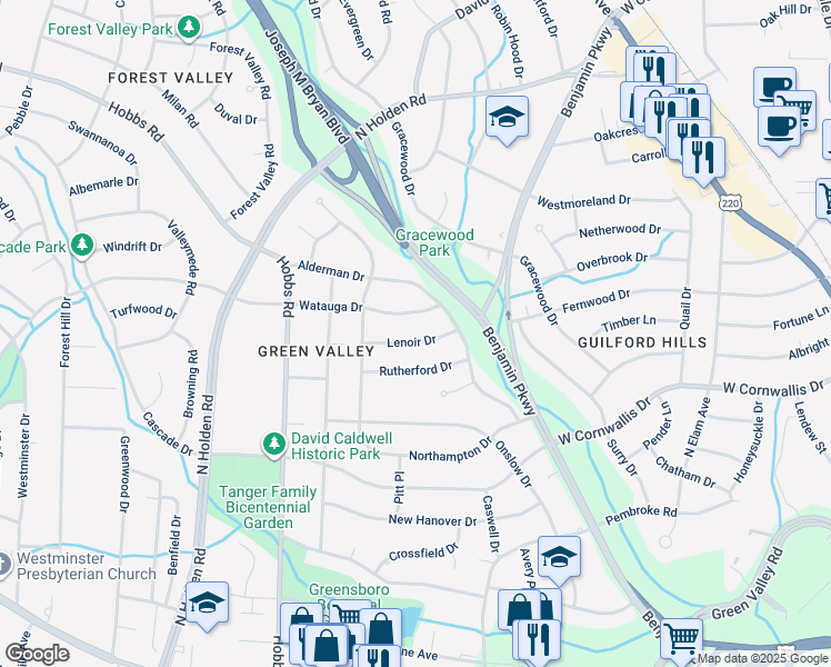 map of restaurants, bars, coffee shops, grocery stores, and more near 2812 Lenoir Drive in Greensboro
