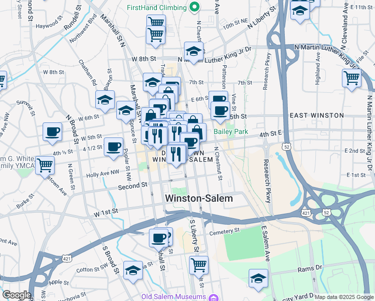 map of restaurants, bars, coffee shops, grocery stores, and more near 8 West 3rd Street in Winston-Salem