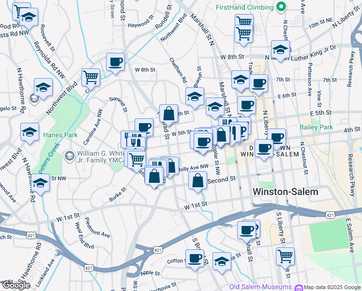 map of restaurants, bars, coffee shops, grocery stores, and more near 328 North Spring Street in Winston-Salem