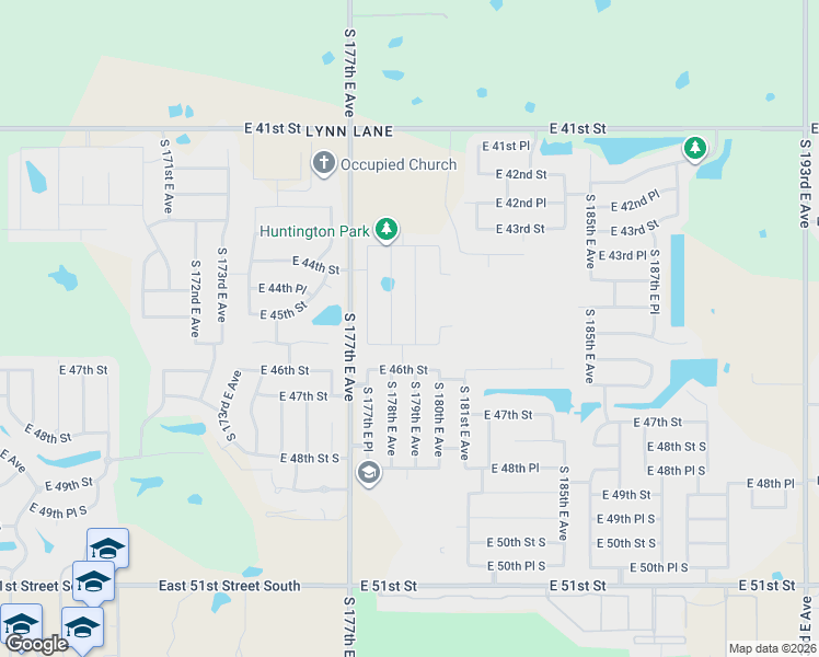 map of restaurants, bars, coffee shops, grocery stores, and more near 4512 South 180th East Avenue in Tulsa