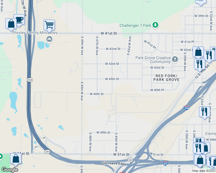 map of restaurants, bars, coffee shops, grocery stores, and more near 4532 South 45th West Avenue in Tulsa