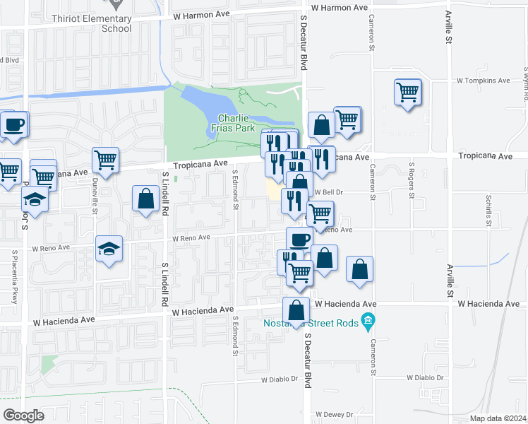 map of restaurants, bars, coffee shops, grocery stores, and more near 5155 West Tropicana Avenue in Las Vegas
