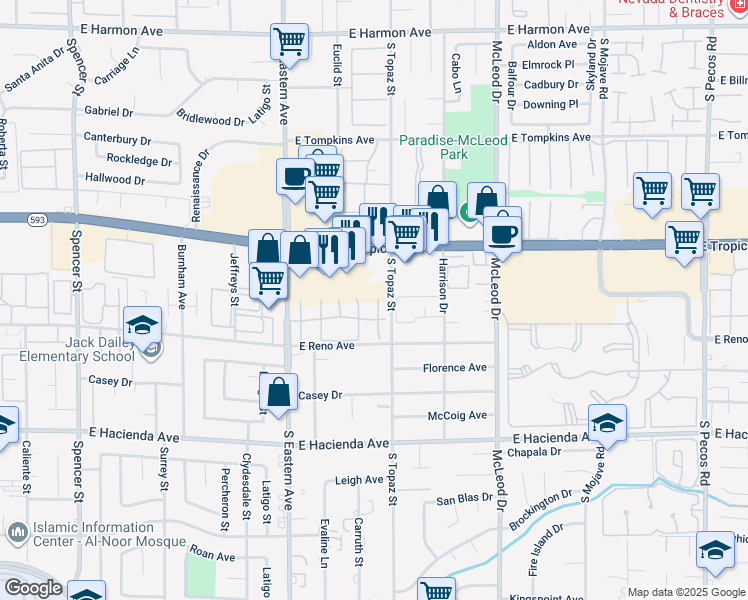 map of restaurants, bars, coffee shops, grocery stores, and more near 2574 Paradise Village Way in Las Vegas