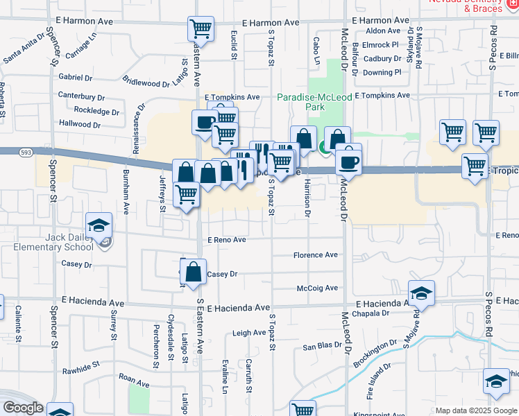 map of restaurants, bars, coffee shops, grocery stores, and more near 2574 Paradise Village Way in Las Vegas