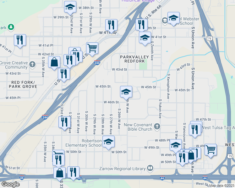 map of restaurants, bars, coffee shops, grocery stores, and more near 2515 West 46th Street in Tulsa