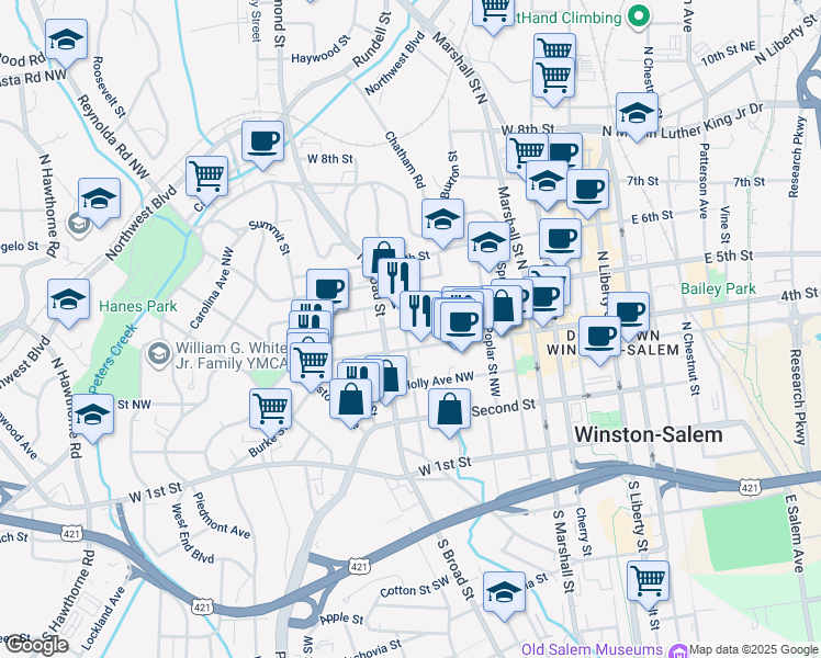 map of restaurants, bars, coffee shops, grocery stores, and more near 415 North Spring Street in Winston-Salem