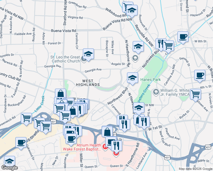 map of restaurants, bars, coffee shops, grocery stores, and more near 1836 Runnymede Road in Winston-Salem