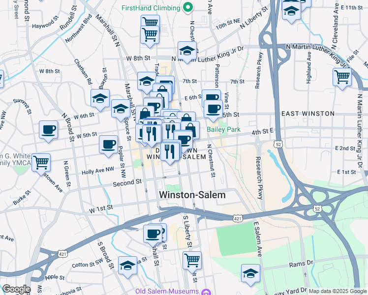 map of restaurants, bars, coffee shops, grocery stores, and more near 20 West 4th Street in Winston-Salem