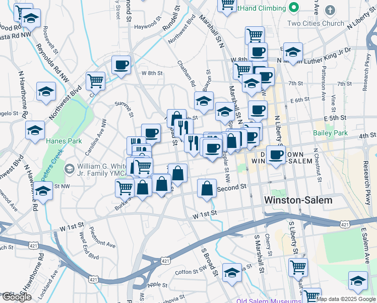 map of restaurants, bars, coffee shops, grocery stores, and more near 415 North Spring Street in Winston-Salem