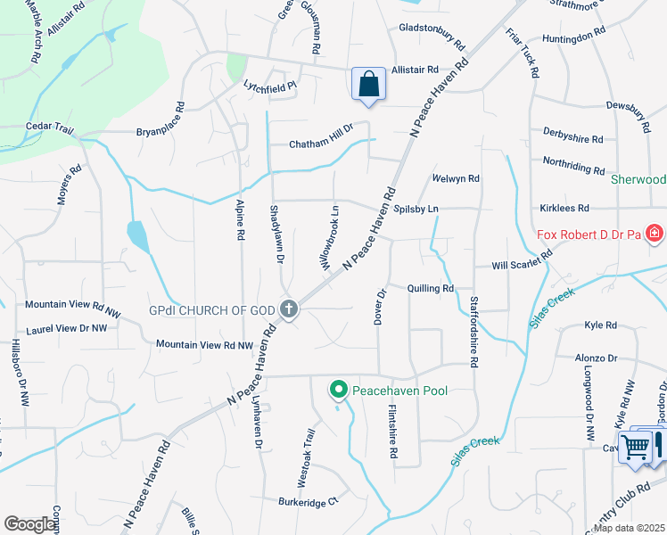 map of restaurants, bars, coffee shops, grocery stores, and more near 606 North Peace Haven Road in Winston-Salem
