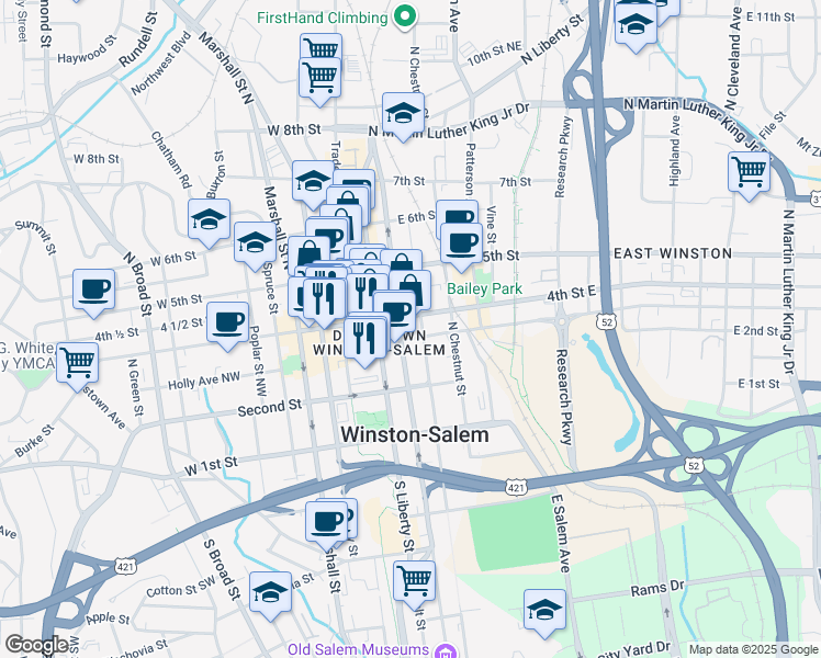 map of restaurants, bars, coffee shops, grocery stores, and more near 301 North Main Street in Winston-Salem