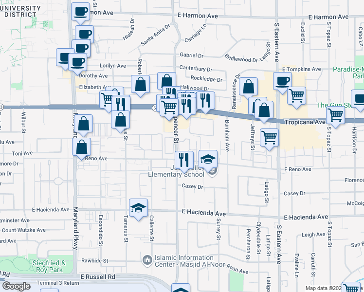 map of restaurants, bars, coffee shops, grocery stores, and more near 5064 Spencer Street in Las Vegas