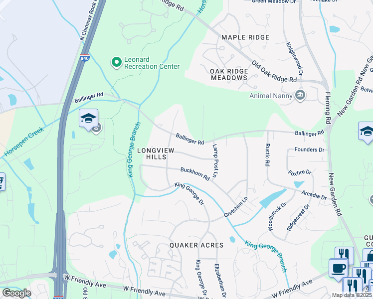 map of restaurants, bars, coffee shops, grocery stores, and more near 6201 Stockbridge Drive in Greensboro