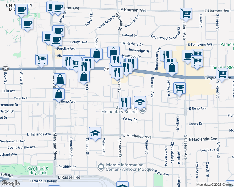 map of restaurants, bars, coffee shops, grocery stores, and more near 5043 Spencer Street in Las Vegas