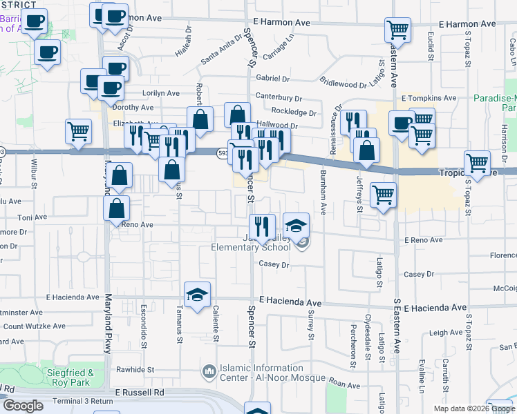map of restaurants, bars, coffee shops, grocery stores, and more near 5064 Spencer Street in Las Vegas
