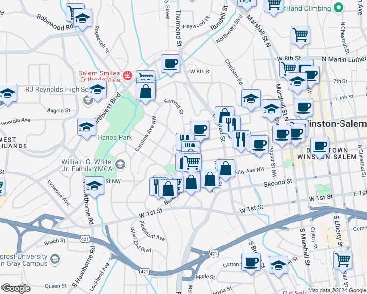 map of restaurants, bars, coffee shops, grocery stores, and more near 434 Summit Street in Winston-Salem