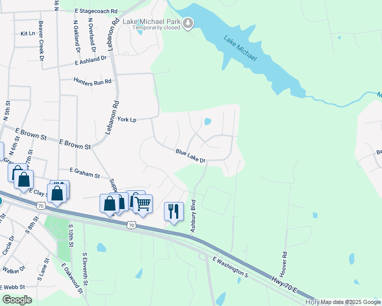 map of restaurants, bars, coffee shops, grocery stores, and more near 501 Blue Lake Drive in Mebane