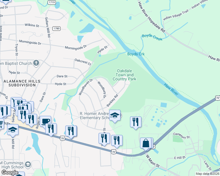map of restaurants, bars, coffee shops, grocery stores, and more near 2744 Woodbury Court in Burlington