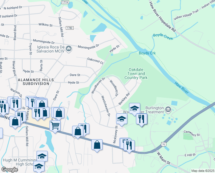 map of restaurants, bars, coffee shops, grocery stores, and more near 2718 McKinney Street in Burlington