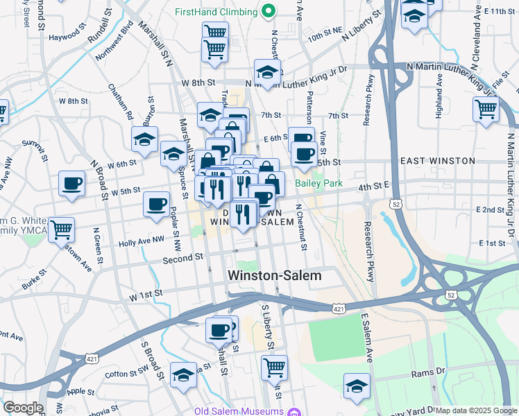 map of restaurants, bars, coffee shops, grocery stores, and more near 50 West 4th Street in Winston-Salem