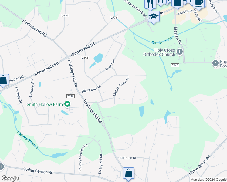 map of restaurants, bars, coffee shops, grocery stores, and more near 1021 Megan Cross Lane in Kernersville