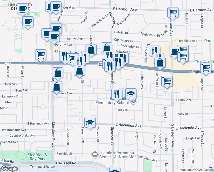 map of restaurants, bars, coffee shops, grocery stores, and more near 5023 Spencer Street in Las Vegas