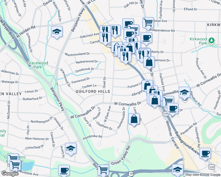 map of restaurants, bars, coffee shops, grocery stores, and more near 1200 North Elam Avenue in Greensboro