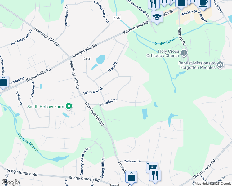 map of restaurants, bars, coffee shops, grocery stores, and more near 1021 Megan Cross Lane in Kernersville