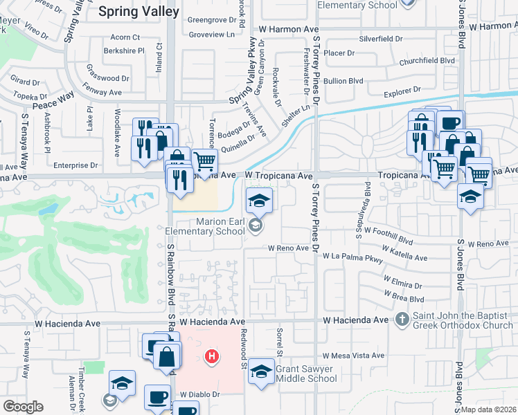 map of restaurants, bars, coffee shops, grocery stores, and more near 6687 West Tropicana Avenue in Las Vegas