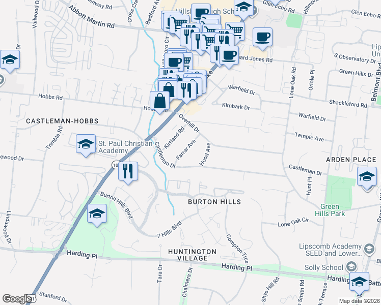 map of restaurants, bars, coffee shops, grocery stores, and more near 4209 Hood Avenue in Nashville