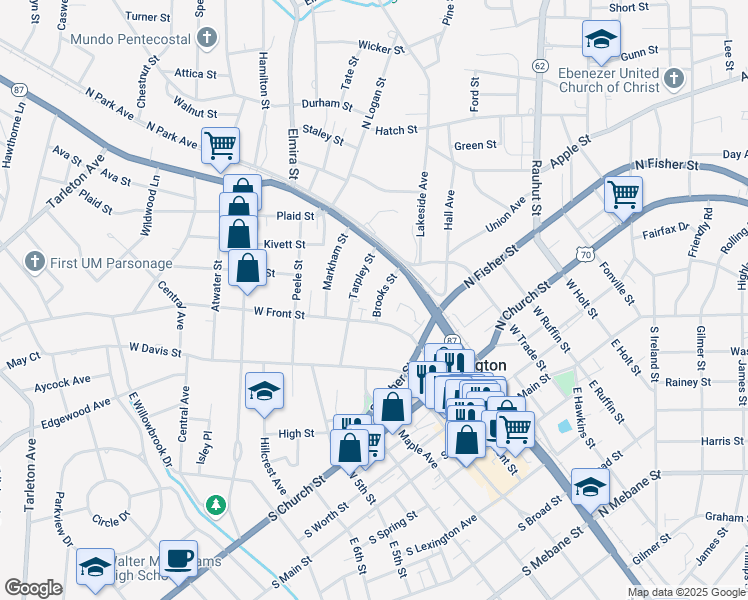 map of restaurants, bars, coffee shops, grocery stores, and more near 125 Brooks Street in Burlington