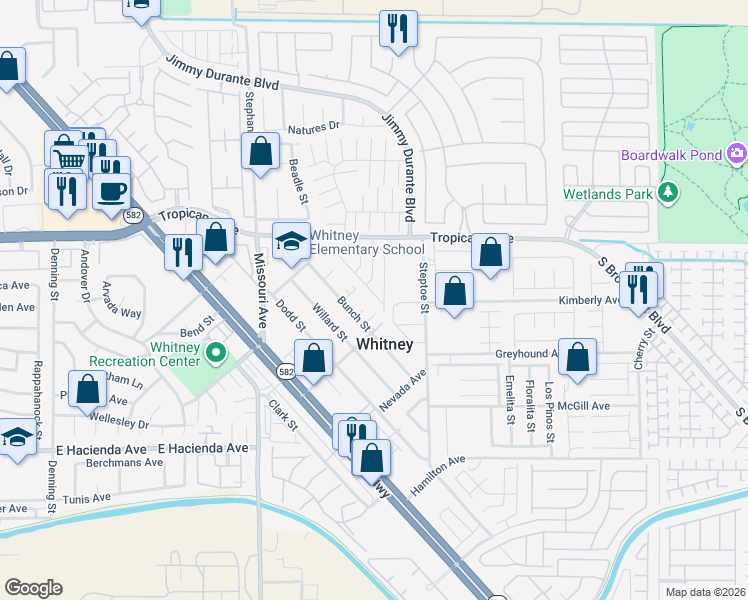 map of restaurants, bars, coffee shops, grocery stores, and more near 5894 Bunch Street in Las Vegas