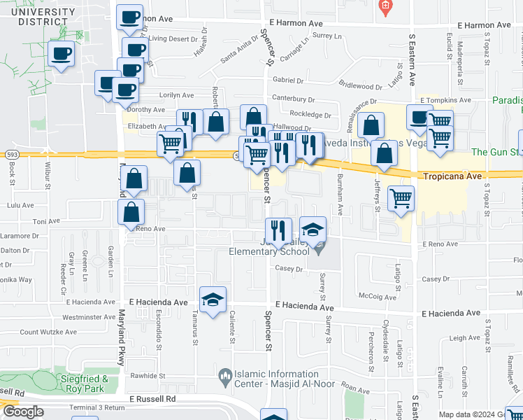 map of restaurants, bars, coffee shops, grocery stores, and more near 5096 Spencer Street in Las Vegas