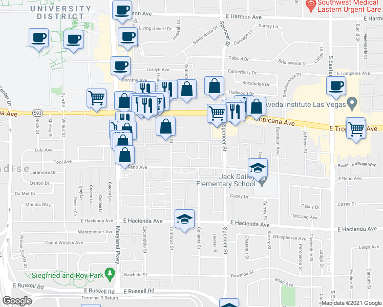 map of restaurants, bars, coffee shops, grocery stores, and more near 16 East Reno Avenue in Las Vegas