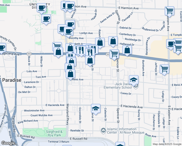 map of restaurants, bars, coffee shops, grocery stores, and more near in Paradise