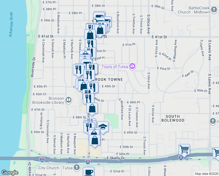 map of restaurants, bars, coffee shops, grocery stores, and more near 1362 East 45th Place in Tulsa