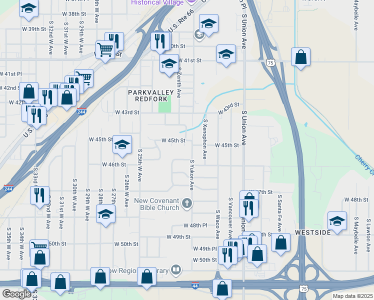 map of restaurants, bars, coffee shops, grocery stores, and more near 2110 West 45th Place in Tulsa