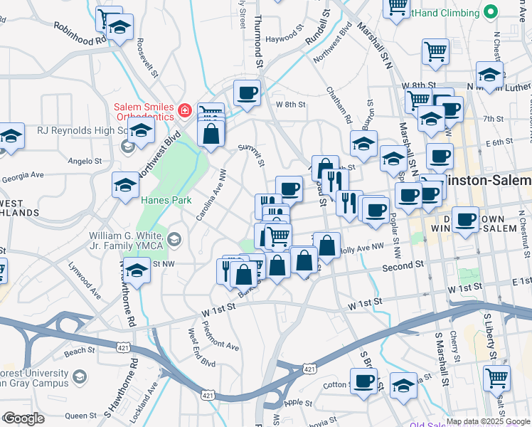 map of restaurants, bars, coffee shops, grocery stores, and more near 434 Summit Street in Winston-Salem