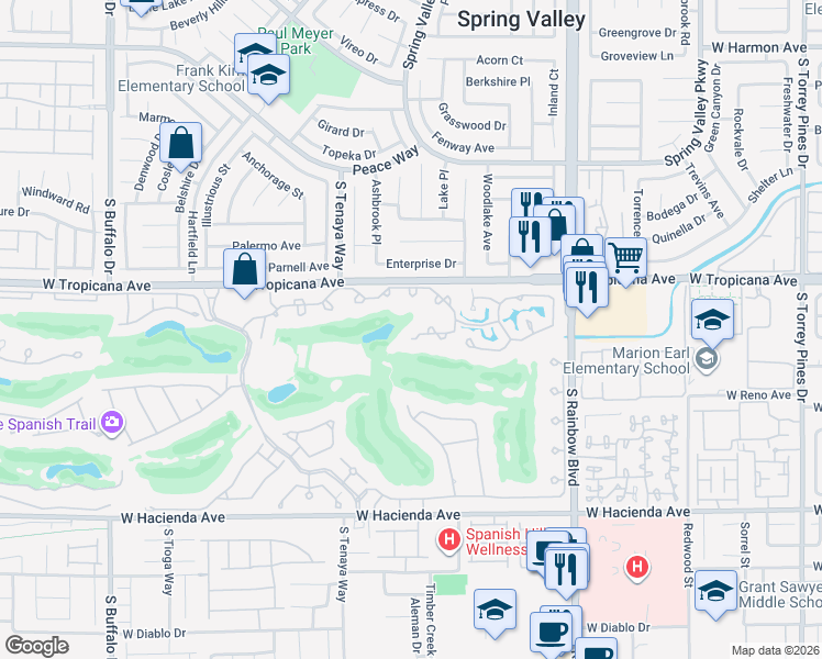 map of restaurants, bars, coffee shops, grocery stores, and more near 7131 Mission Hills Drive in Las Vegas