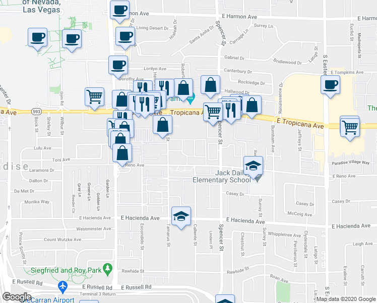 map of restaurants, bars, coffee shops, grocery stores, and more near 5050 South Tamarus Street in Las Vegas