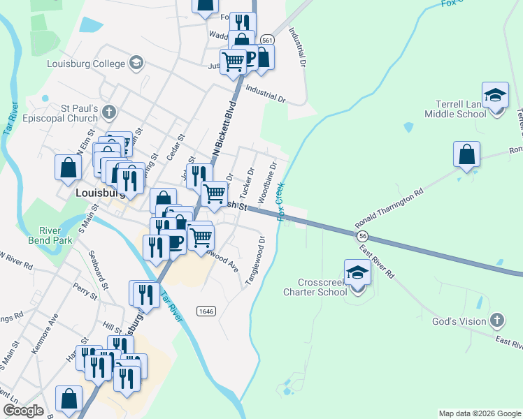 map of restaurants, bars, coffee shops, grocery stores, and more near 107 Tanglewood Drive in Louisburg