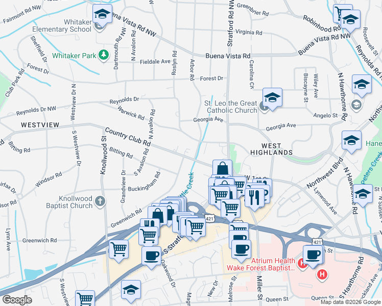map of restaurants, bars, coffee shops, grocery stores, and more near 2301 Greenwich Road in Winston-Salem