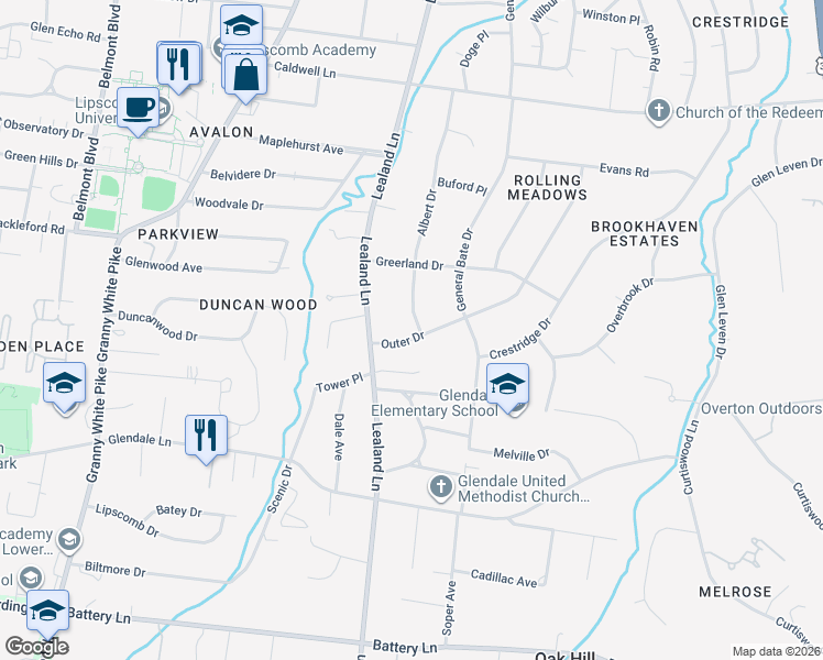 map of restaurants, bars, coffee shops, grocery stores, and more near 4154B Outer Drive in Nashville