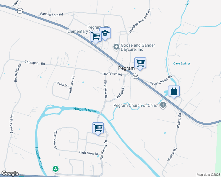 map of restaurants, bars, coffee shops, grocery stores, and more near 5045 Riverview Drive in Pegram