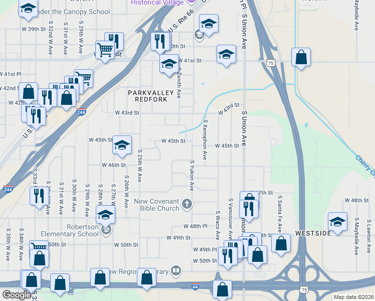 map of restaurants, bars, coffee shops, grocery stores, and more near 2110 West 45th Place in Tulsa