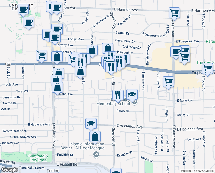 map of restaurants, bars, coffee shops, grocery stores, and more near 5023 Spencer Street in Las Vegas