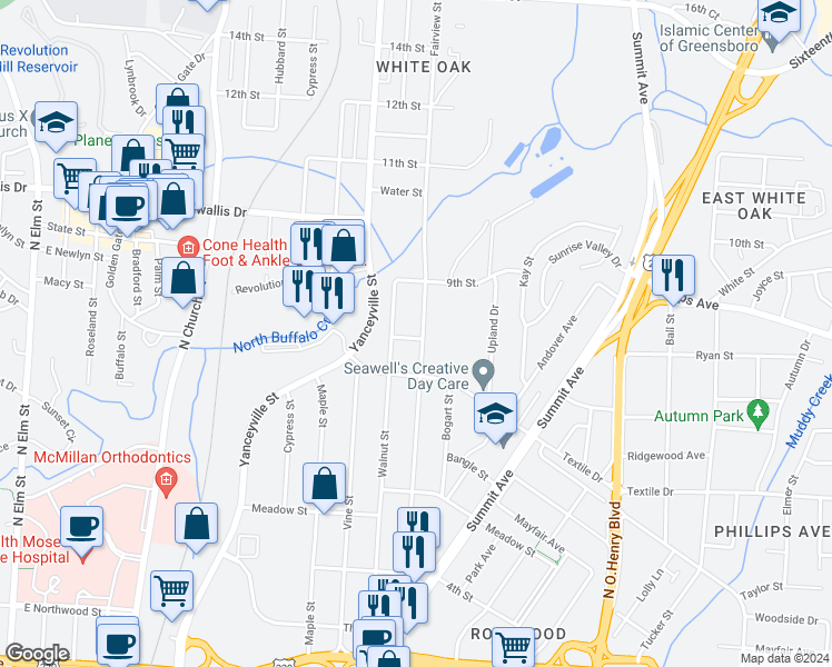 map of restaurants, bars, coffee shops, grocery stores, and more near 1601 Fairview Street in Greensboro