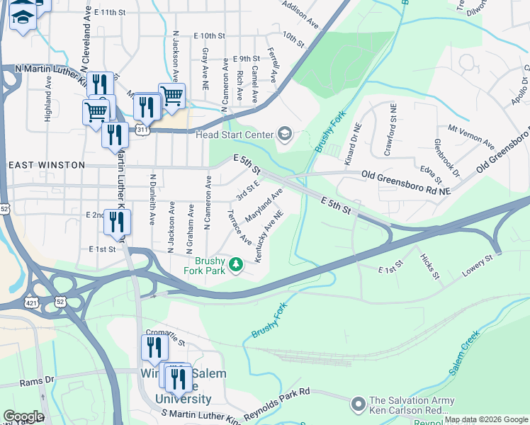 map of restaurants, bars, coffee shops, grocery stores, and more near 1927 Kentucky Avenue Northeast in Winston-Salem