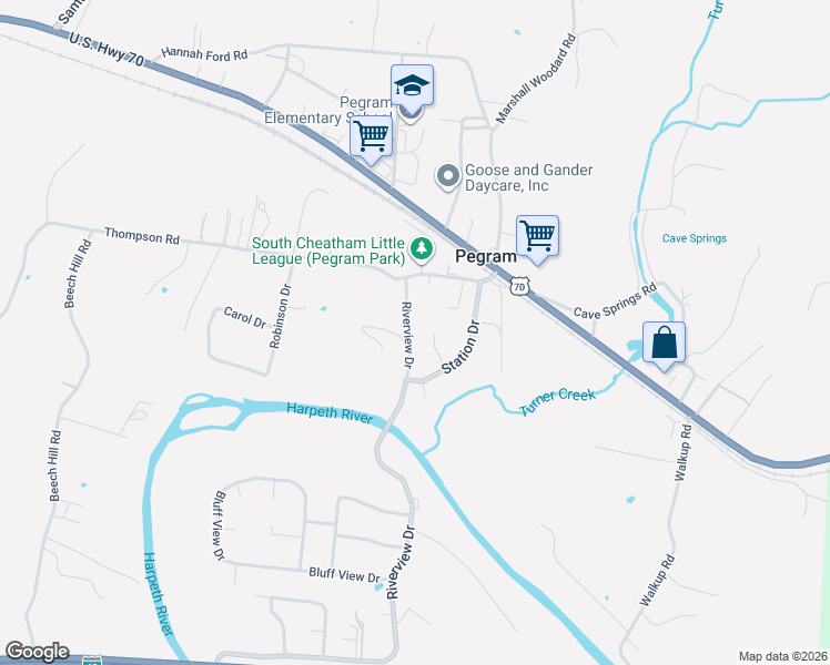 map of restaurants, bars, coffee shops, grocery stores, and more near 5045 Riverview Drive in Pegram