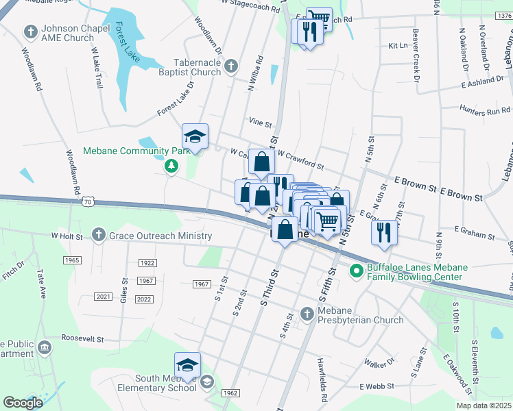 map of restaurants, bars, coffee shops, grocery stores, and more near West Clay Street in Mebane